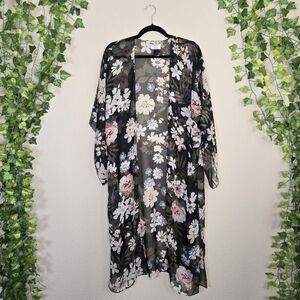 David & Young Black, Pastel Blue, Orange & Cream Floral Sheer Kimono Duster OS